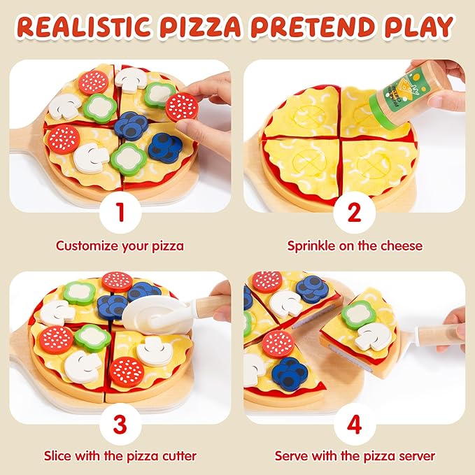 WOODMAM Pizza Toy Set, Montessori Realistic Play Food with Oven Box, Educational Learning Toys for Preschoolers Toddlers Age 3 4 5 6, Christmas Birthday Gift for Kids