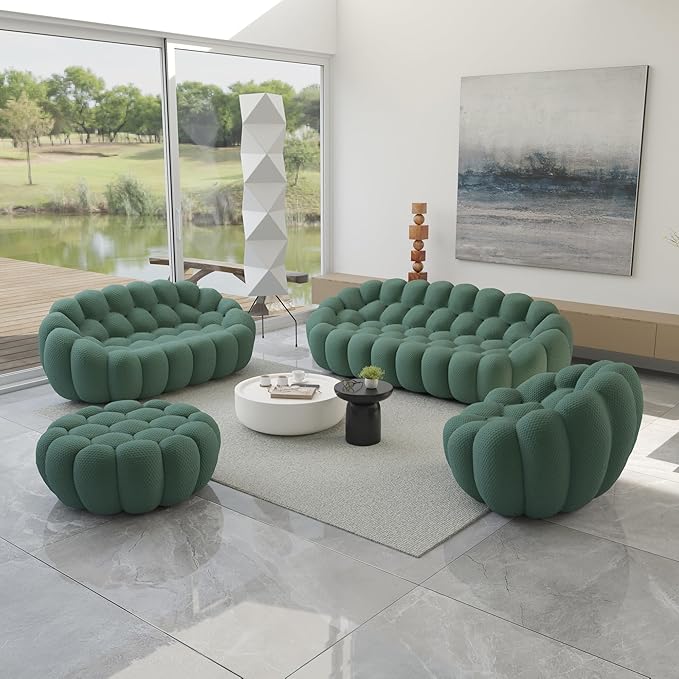 JACH Bubble Sofa Curved Couch Set, Comfy Upholstered Sofa, Mesh Fabric 3D Honeycomb Shape Modern Couches for Living Room, Apartment (Green, 1 Seater, 2 Seater, 3 Seater, Ottoman)