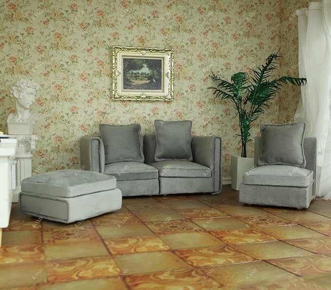 iLAND Dollhouse Furniture Miniature Sectional Couch Set Fit 1/12 Scale Accessories for Doll House Décor and 3 to 6 inches Doll Figure, Modern Light Grey Velvet Sofa Elegant & Classic