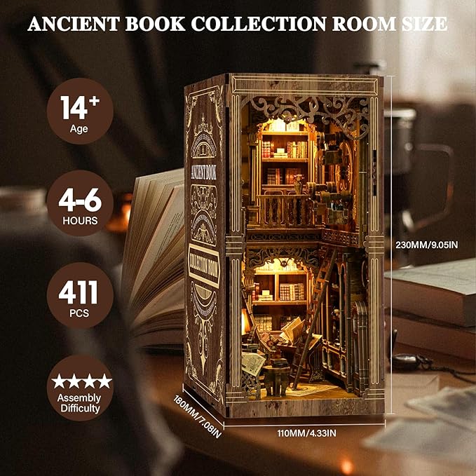 Book Nooks for Adults, DIY Miniature Dollhouse Book Nook Kit, Model Kits Craft Kits for Adults, 3D Wooden Puzzle Book Nook Craft Bookshelf Decor, Adult Craft Kits Gift with Led Light