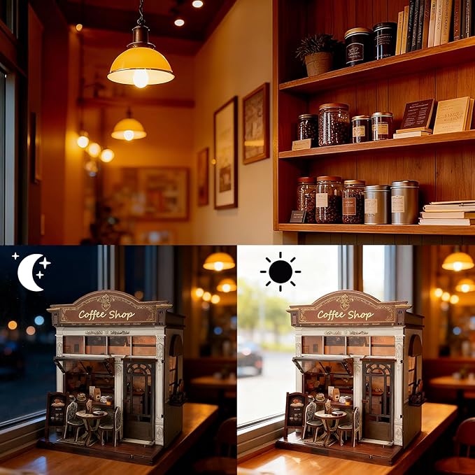 DIY Miniature House Dollhouse,Coffee Shop Book Nook Kit for Adult and Teens, Dollhouse,Tiny House Bookshelf Decor 3D Wooden Puzzle with LED Lighting, Gifts for Family, Friends (Coffe Shop)