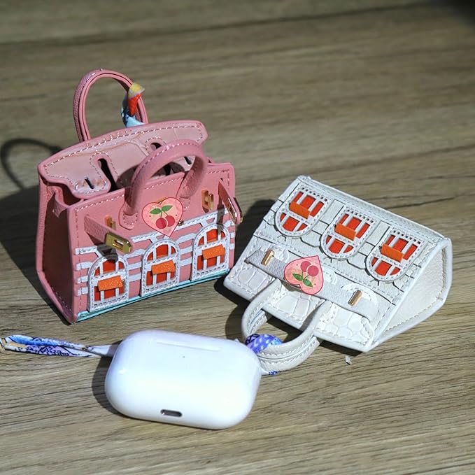 Buyborgood Women's 2 PCS Mini Tote Bag Charms Keychain Pouch Small Coin Purse Wallet (Peach + White)