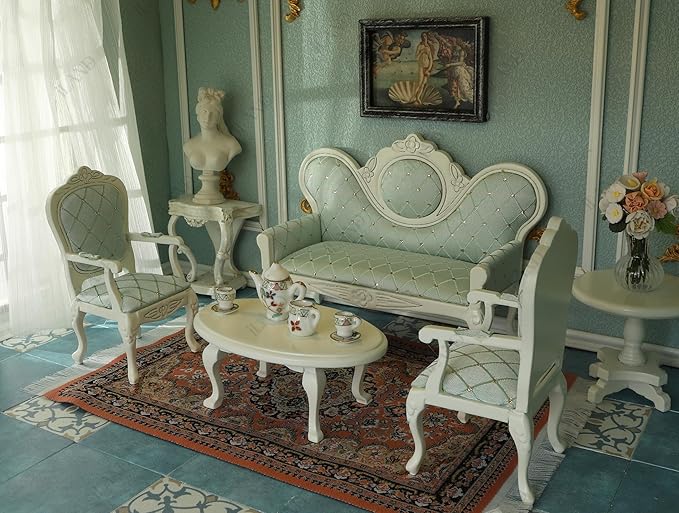 iLAND Victorian Dollhouse Furniture Set, Doll House Furniture and Accessories, Miniature Dollhouse Sofa with 1/12 Scale Accessories 8pcs, Mothers Gift, Wife Gift, Bookshelf Décor (White & Green)