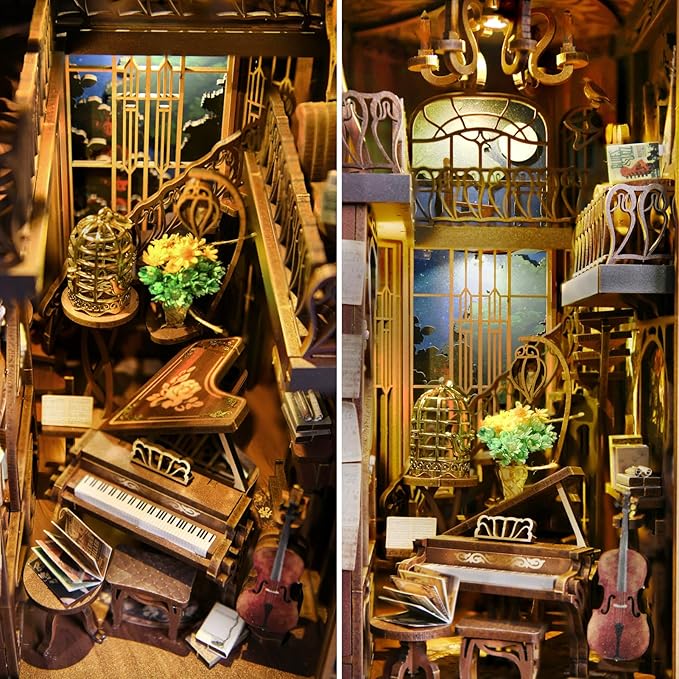 Book Nook Kit, DIY Miniature Dollhouse Booknook Kit, 3D Wooden Puzzle Bookend Bookshelf Insert Decor with LED Light for Teens and Adults (Pianist with Nightingale)