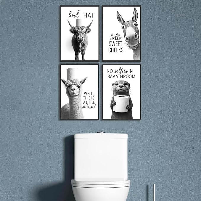 Funny Bathroom Wall Art Set of 4 Black and White Bathroom Wall Decor Toilet Paper Pictures Cute Humorous Animal Posters Prints Toilet Signs Painting Artwork Decoration 12x16in Unframed