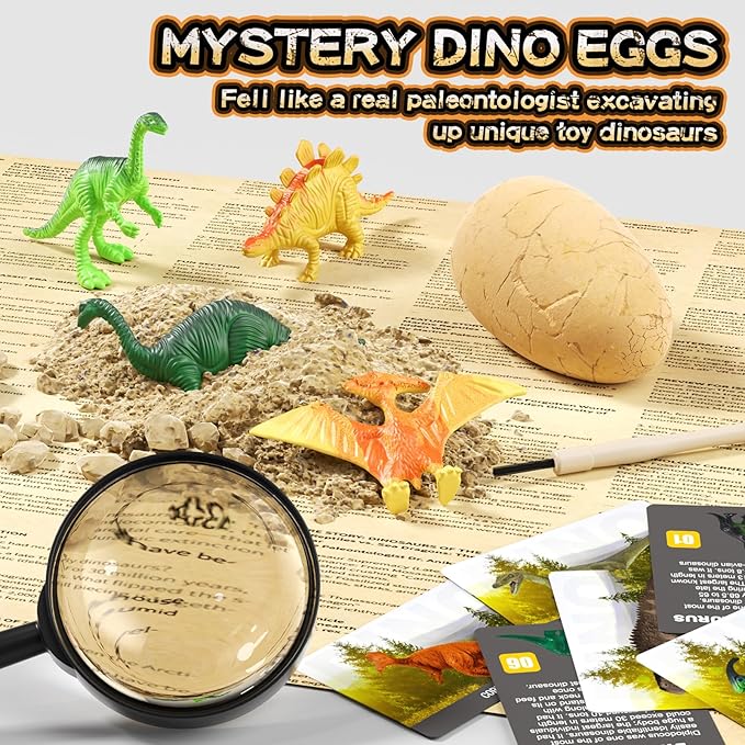 24 Dinosaur Eggs Dig Kit Toys for Kids, Surprise Dinosaur Eggs Excavation Kit with Magnifier, Science STEM Birthday Party Favors Easter Gifts for Boys Girls Age 3 4 5 6 7 8 9 10 + Years Old