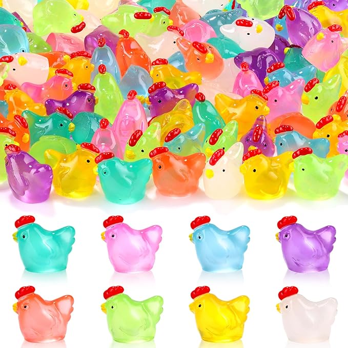 120Pcs Luminous Mini Chicken Figurines 8 Colors Glow in The Dark Tiny Small Little Resin Chicken to hide Miniature Resin Animals for Fairy Garden Party Potted Diy Dollhouse Micro Landscape Home Decor