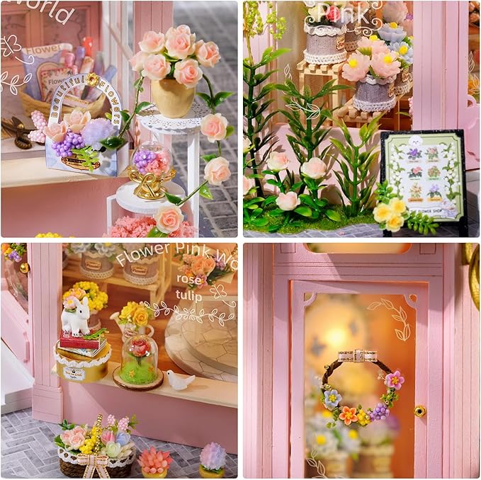 DIY Miniature House Kit, Dollhouse Kit with LED Light, Mini House Building Kits for for Adult to Building, Christmas Home Decorations Gifts for Family and Friends, Pink World