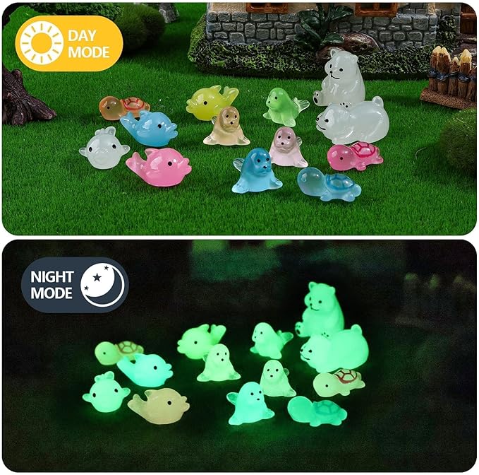 65 Pcs Luminous Mini Sea Animals Small Turtles Dolphins Seals Polar Bears Figurines Glow in The Dark Tiny Ocean AnimalsSets for Garden Landscape Aquarium Hide and Seek Prank Cake Decoration