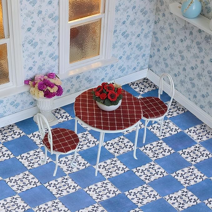 ShinyRelief 120 Pcs Dollhouse Floor Tiles Dollhouse Flooring 1 12 Scale 1 6 Scale Doll House Wallpaper Peel and Stick Miniature Bricks Carpet Double Sided Floor Tile (Floral & Blue Color Marble)