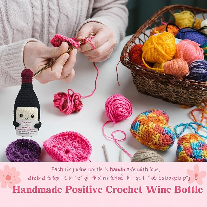 Fouliki Funny Crochet Mini Wine Bottle - Valentine's Day Gift for WineLovers,Unique Handmade Emotional Support Wine Gifts,Cute Desk & Home Decor for Him or Her,Creative w-i-n-e Themed Gift Idea
