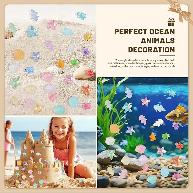 400pcs Luminous Mini Ocean Resin Animals Starfish Jellyfish Seashell Mini Turtles Set Resin Animals Tiny Sea Models for Dollhouse Miniatures DIY Fish Tank Fairy Garden Micro Landscaping
