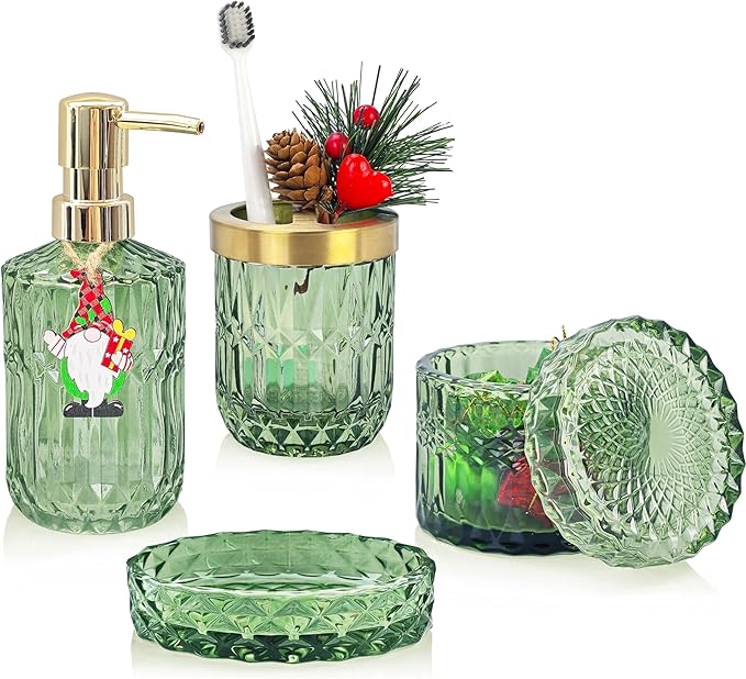 LaMarriti 4pcs Glass Bathroom Accessories Set, Clear Green Bathroom Soap Dispenser Set, Toothbrush Holder, Soap Dish, Soap Dispenser, Qtips Holder Set for Crystal Vintage Bath Decor (Green)