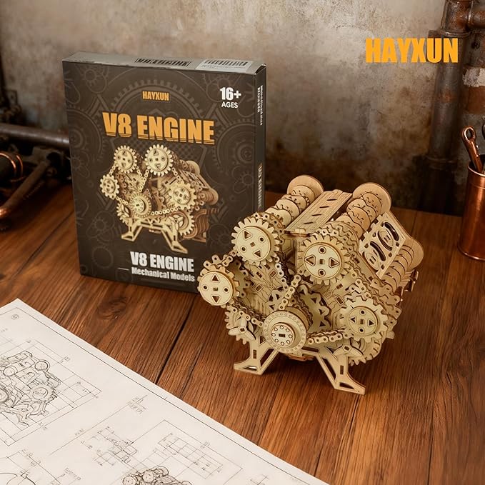 3D Puzzles for Adults - Wooden V8 Engine Model Kit, 3D Puzzle Model Engine Kit with Working Motor, DIY Kits Hobbies for Men for Men, Teen (591 Pcs)