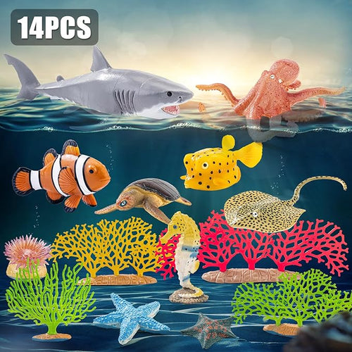 14PCS Large Ocean Sea Animal Toys with Corals for Kids, Realistic Soft Plastic Shark,Octopus,Starfish,Sea Turtle for Toddler Boy Girl, Under The Sea Party Favors, Birthday Gifts