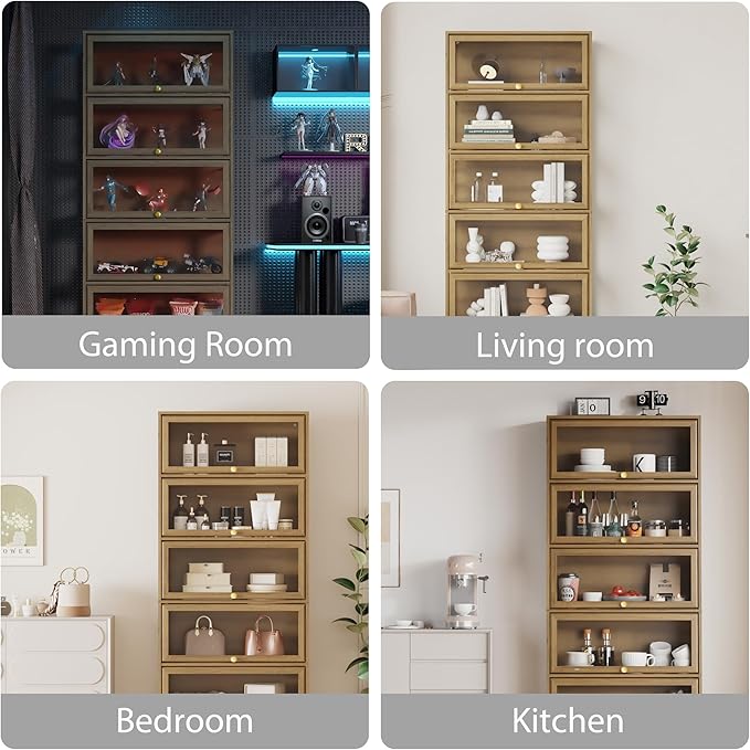 Display Cabinet with Acrylic Glass Doors,5-Tiers Curio Cabinet with LED Lighting for Collectibles, Collectibles Toy Organizers Rack & Display Shelf Display Case Storage Cabinet, Nature
