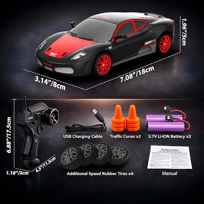 Remote Control Car RC Drift Car 2.4GHz 1:24 Scale 4WD 15KM/H High Speed Model Vehicle with LED Lights Drifting Tire Racing Sport Toy Car for Adults Boys Girls Kids Gift 2Pcs Rechargeable Batteries