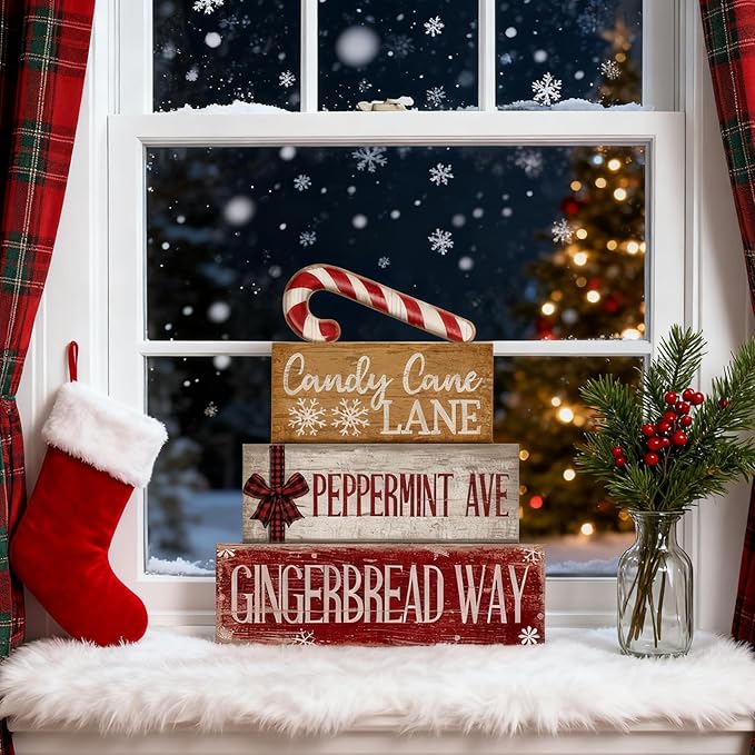 Moucuny 4 Pcs Christmas Table Decor Wooden Candy Cane Decoration Christmas Centerpiece Winter Tiered Tray Decor Red and White Stripes Candy Cane Block Signs Gift Farmhouse Xmas Decoration for Kitchen