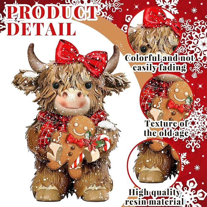 Burbell 2 Pcs Christmas Highland Cow Figurines Decor Cow Gnomes with Santa Hat Christmas Resin Statue Calf Lovers Gifts for Farmhouse Home Garden Bathroom Kitchen Office Tiered Tray Table Decor