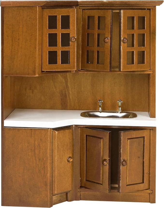 Dollhouse Kitchen Cabinets - 1/12 Scale Miniature Wooden Storage Pantry with Sink, Mini Modern for Corner Cooking Furniture Kitchen Accessories for Doll House Restaurant Decoration, Brown