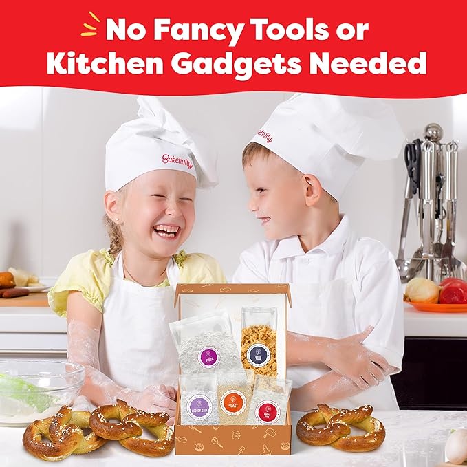 Baketivity Kids Baking Set, Meal Cooking Party Supply Kit for Teens, Real Fun Little Junior Chef Essential Kitchen Lessons, Includes Pre-Measured Ingredients (Kit +Hat & Apron, Pretzel)