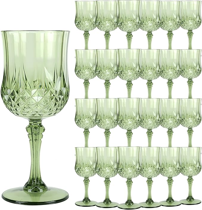 LEYIQU Plastic Wine Glasses, Plastic Goblets Vintage Style Cordial Drinking Glasses for Valentine’s Day, Wedding Reception, Grand Event Party Supplies (24, New Green)