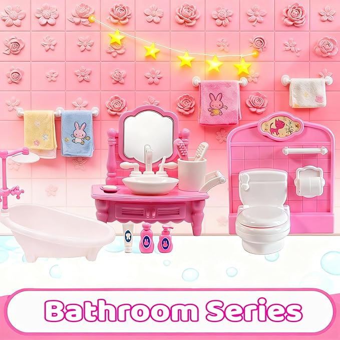 52 Pcs Doll House Mini Furniture, Dollhouse Furniture Set Accessories, Kitchen, Bedroom, Living Room, Bathroom Accessories - Miniature Doll House Toy