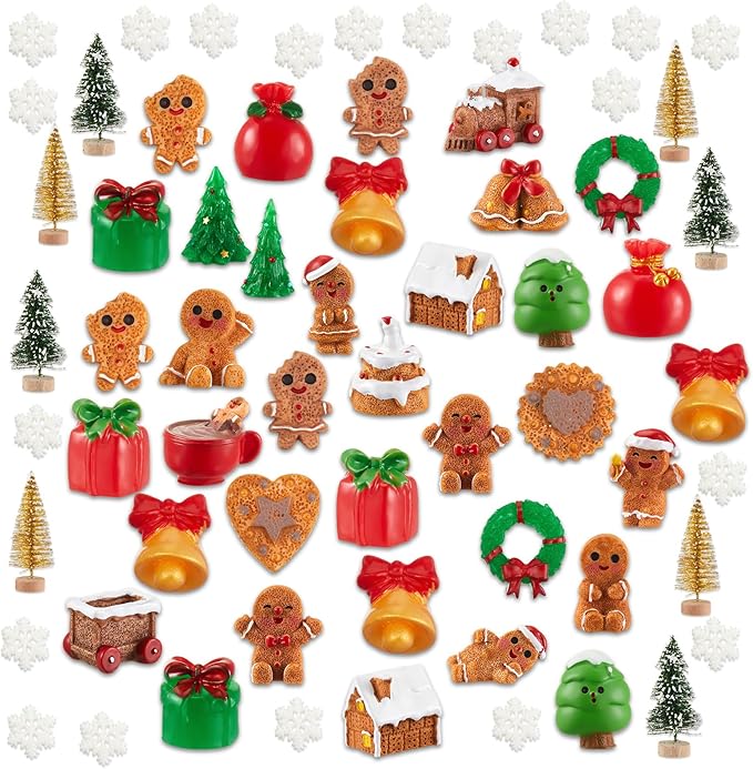 Sawysine 64 Pcs Christmas Miniatures Figurines Santa Xmas Garden Miniature Ornaments Kit Snowman Fairy Resin Ornaments Pine Tree for Garden Accessories(Gingerbread Man)