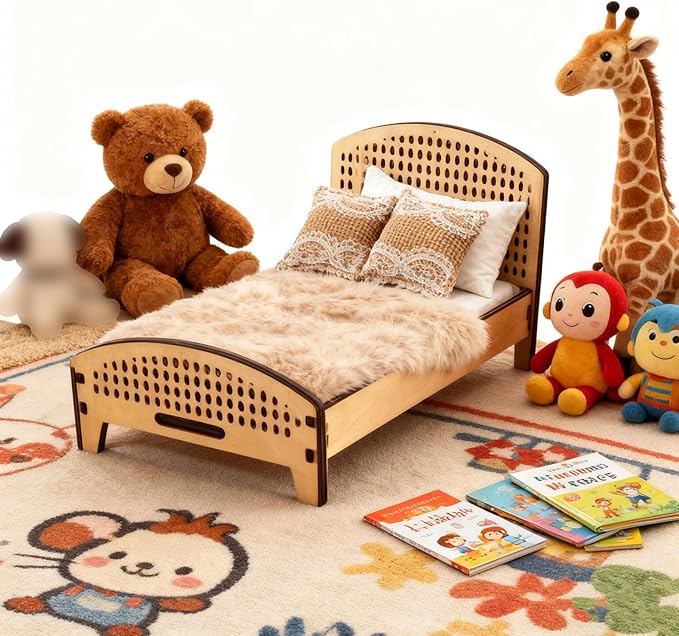 1:12 Scale Miniature Double Bed Unpainted Wood Furniture Model Craft Accessory Customizable Finish Bedroom Decoration for Pretend Play and Scene