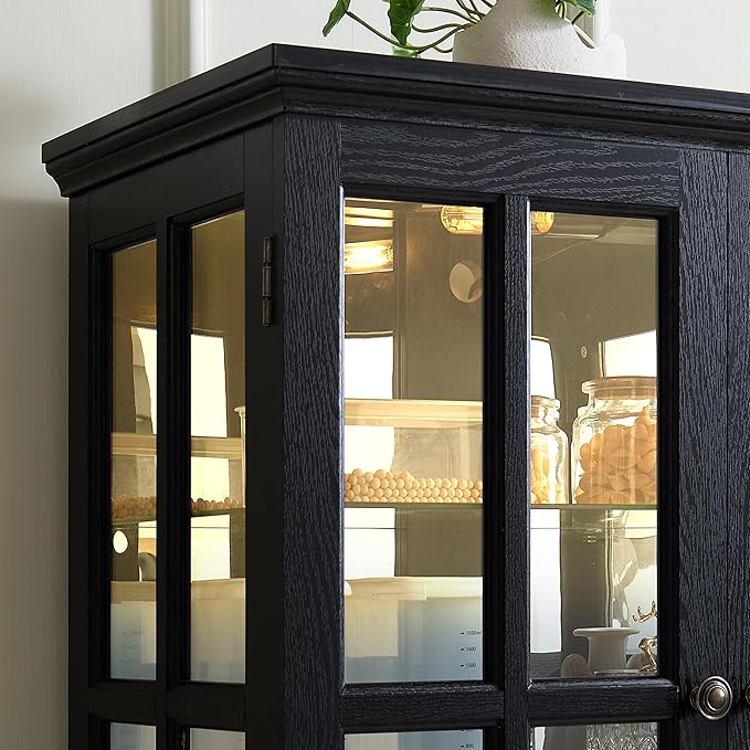 68" H Glass Curio Display Cabinet with Light, 6-Tier Wooden Storage Showcase w/ 4 Glass Doors & Adjustable Shelves, Vintage Accent Cabinet w/Mirrored Back Pane for Home & Office (Black)