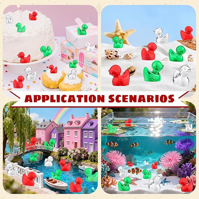 120Pcs Mini Duck Statue Golden Duck Figurines Micro Garden Landscape Dollhouse Cake Decoration Potted Plants DIY Craft Charms for Party Gift(Red Green Silver)