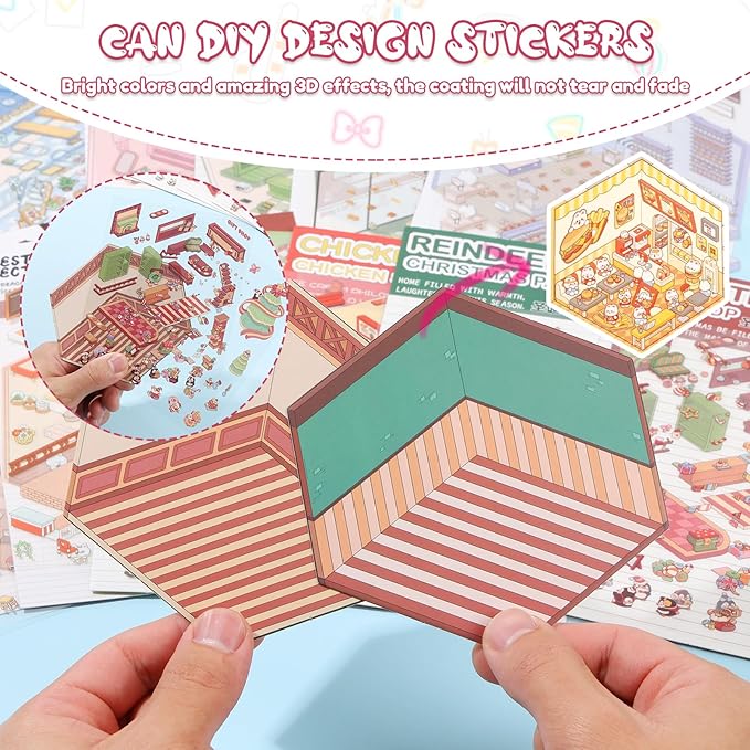 DIY 3D House Sticker Set for Adults & Kids - Creative Miniature Room Scenes with Cartoon Decals, Cute Home Decor Stickers to Build Your Own 3D Model Scenes (Set 5)