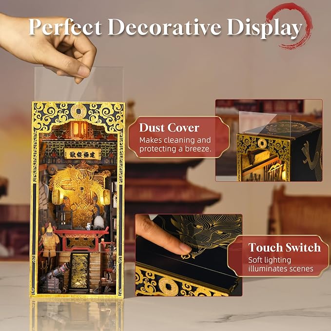 Book Nook Kit, 3D Wooden Puzzle for Teens and Adults, DIY Miniature Dollhouse Booknook Kit Bookend Bookshelf Insert Decor with LED Light (The Emperor’s Study)