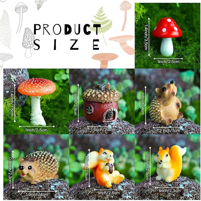 Fairy Garden Accessories, 7 Pieces Squirrel & Hedgehog Resin Figures with Acorn & Mushroom, Handmade Miniature Decor, Garden Miniatures and Home Decorations, Perfect DIY Gift for Kids