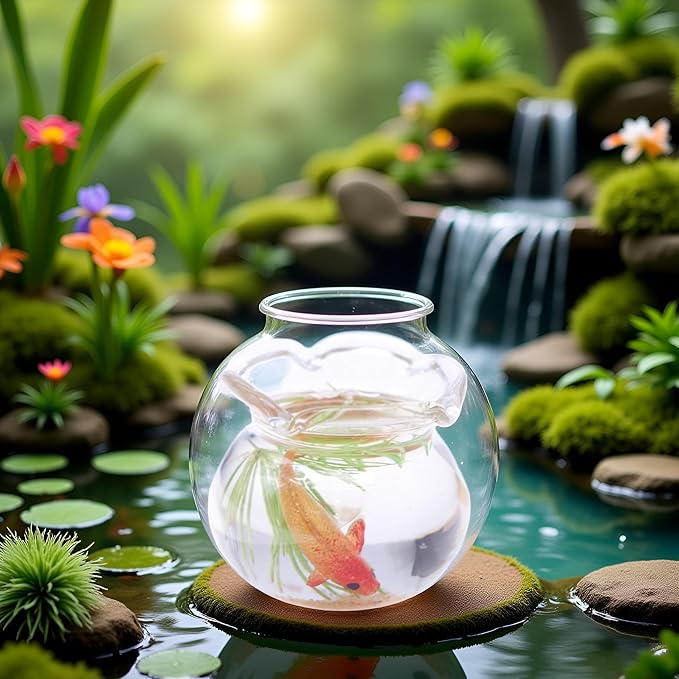 1Pcs Multicolour Mini Round Fish Tank Realistic Glass Decor for Dollhouse Display Captivating Miniature for Crafts Ornaments Handmade Landscape,Miniature Goldfish Bowls,Dollhouse Accessories(Gold)