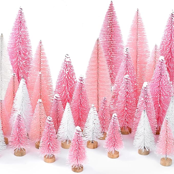 Waipfaru 21 Pcs Bottle Brush Christmas Trees, Mini Christmas Table Decor, Miniature Pine Trees for Xmas Tabletop Crafts Indoor Decor (Pink & White)