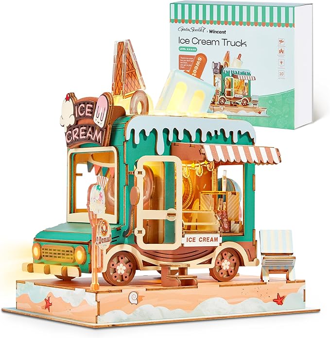 3D Puzzle Ice Cream Truck Model - DIY Miniature Kit Dollhouse Food Truck Wooden Model with LED Lights - Creative Gift for Kids and Adults(Ice Cream Truck)