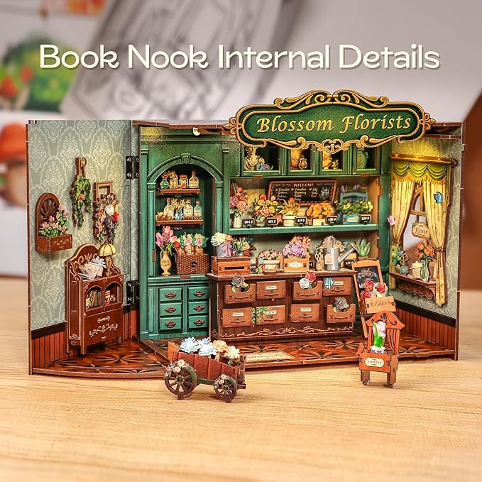 Fsolis Book Nook Kit - DIY Miniature Scene Kit for Adults 3D Wood Puzzles Tiny House Mini Craft Bookshelf Decor Gifts for Women Teenagers Book Lovers (Blossom Florists)