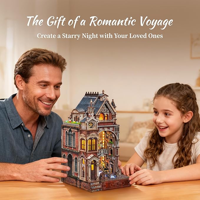 Venice Night Starlit Book Nook Kit – LED 3D Wood Puzzle with Infinity Mirror – DIY Bookshelf Decor, Miniature Craft Gift for Kids and Adults