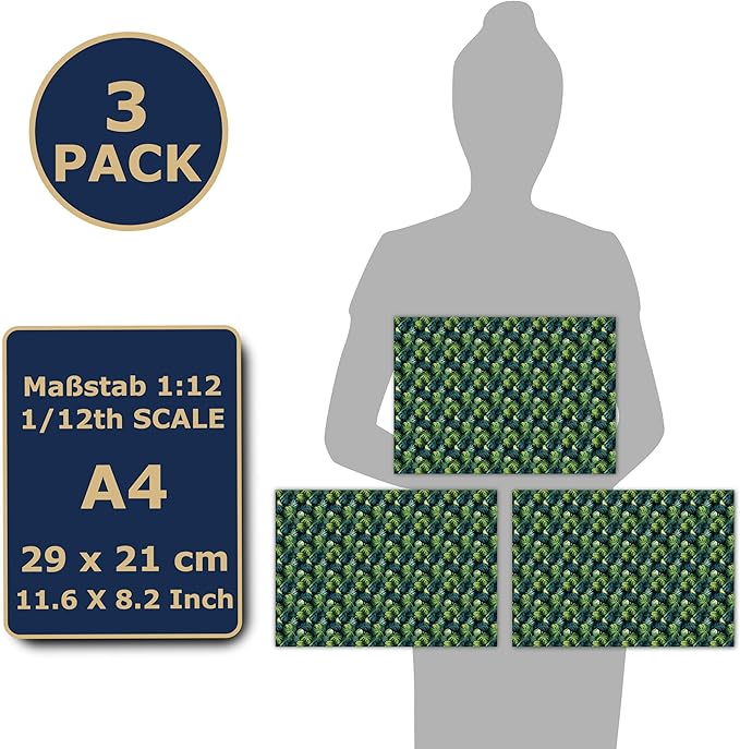 3 Sheets Self-Adhesive Wallpaper for Dollhouses - Scale 1:12 Modern Art Deco Wallpaper (Monstera)