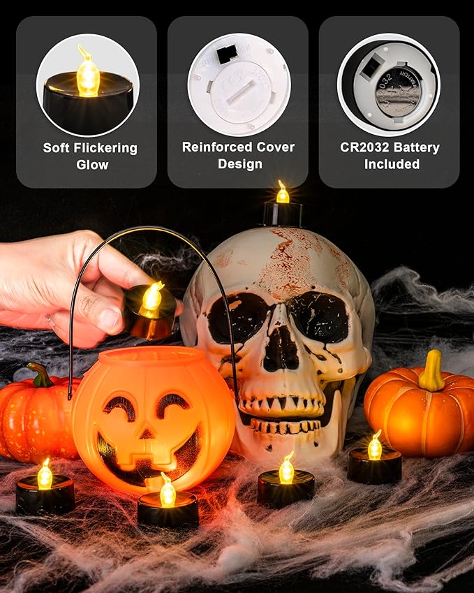 BEICHI Black Candles, 24-Pack Tea Lights Battery Operated, Flameless Fake Candle Flickering, Halloween LED Candle Tea Lights for Fall Holiday Decor, Theme Party, 1.4" D X 1.3''H- Warm White Light