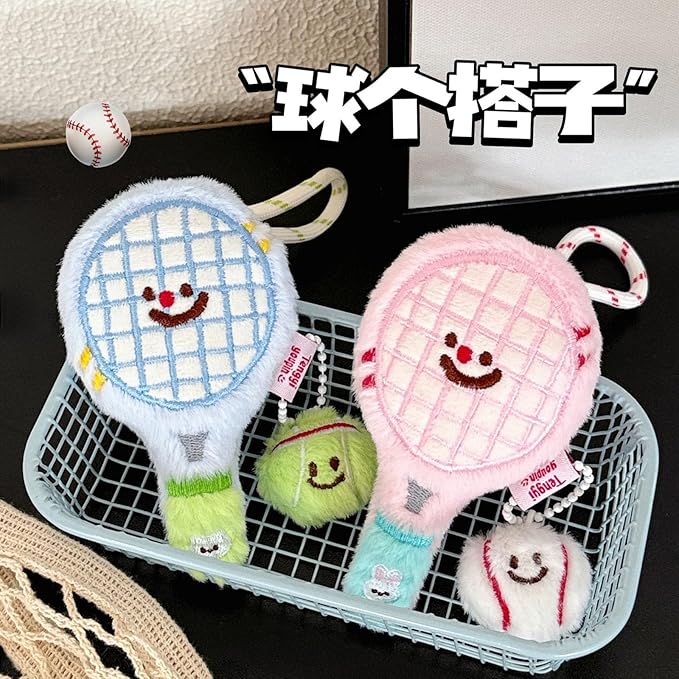 AIETUE Tennis Keychain For Women, Bunny Plush Ball Nylon Rope Doll Little Awakening Color Blocking Gift Accessories