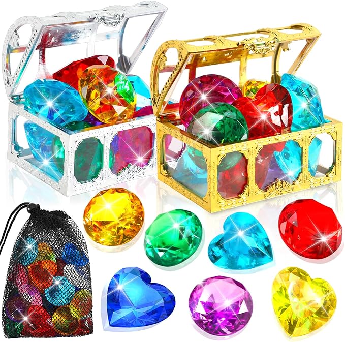 MARFOREVER 12 Pcs Large Dive Gems, Big Colorful Diamond Gems for Kids with 2 Pirate Treasure Chest Boxes Mesh Bag Underwater Pool Sinking Gems Crystal for Boys Girls Swimming Beach Bathroom Water Toys