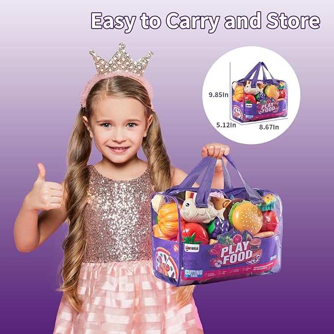 Pretend Play Food for Kids Kitchen, 78Pc Cutting Toy Food with Storage Bag
