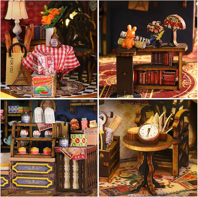 DIY Miniature House Kit: DIY Miniature Dollhouse Booknook Kit with Steam Train, 3D Wooden Puzzle Bookshelf Insert Decor with LED Light, Tiny Model House Building Adults Craft Kits Gift