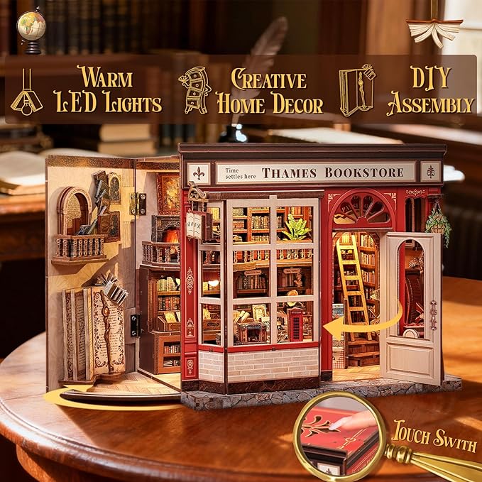 CUTEBEE Book Nook Kit - British Bookstore Magic DIY Miniature House Dollhouse Kit for Adults, Library Booknook Bookshelf Decor 3D Wooden Puzzle, Gifts for Family, Friends(Thames Bookstore)