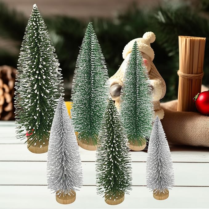 Yahpetes Christmas Trees 6 Pcs Artificial Bottle Brush Tabletop Trees Christmas Table Decorations for Xmas Holiday Party Decor (Silver,Green,Dark Green 6Pcs)