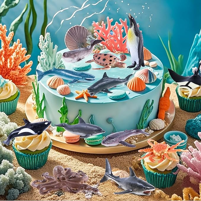 12Pack Sea Animal Figures Cake Topper, Assorted Ocean Creature Realistic Shark Whale Octopus Turtle Crab Manta Penguin Figurine for Kids Education Birthday Decorations Party Favors