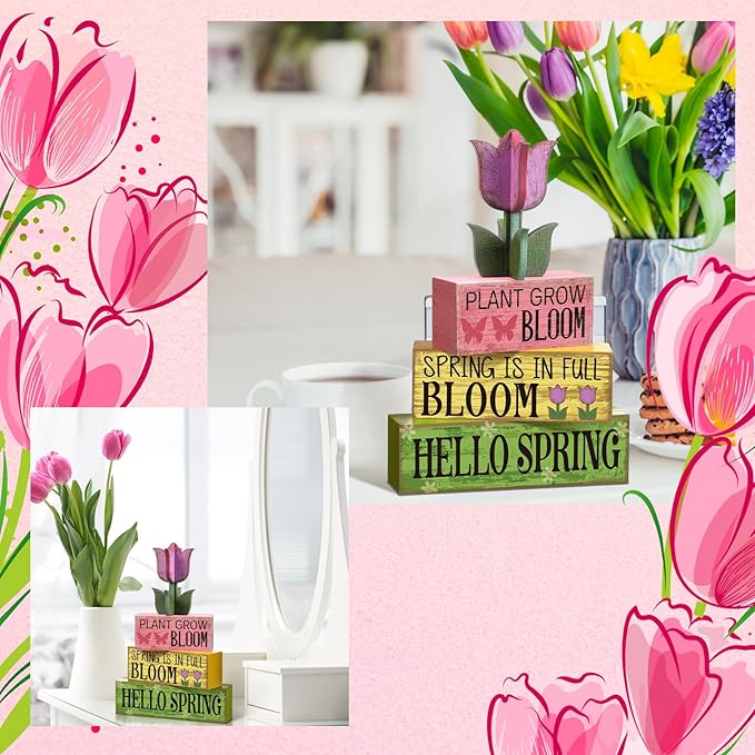 Moucuny 4 Pcs Spring Table Decorations Tulip Flower Wooden Signs Spring Tiered Tray Decor Wooden Tulip Block Signs Pastel Flower Table Centerpieces Decor for Home Kitchen Shelf Office