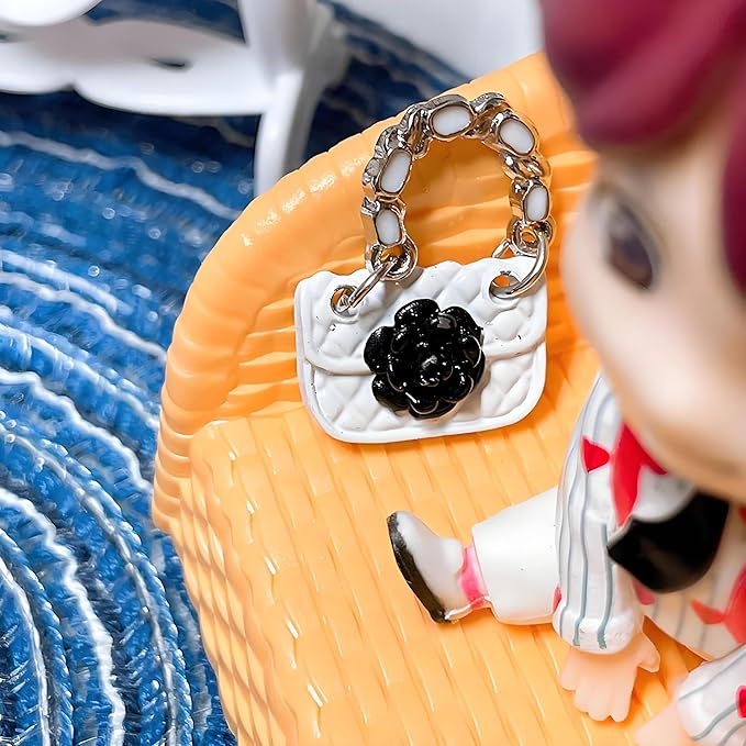 2 Pcs Miniature Fashion Girl Handbags with Rose Pattern – 1:12 Scale White & Black Metal Satchels, Tiny Dollhouse Accessories for Micro Scene Decoration, DIY Display, Collectible & Creative Home Décor